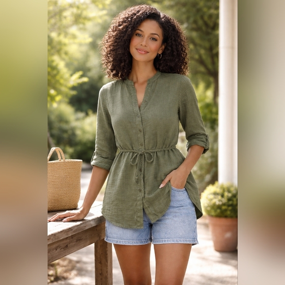 Tops - 100% Linen Tunic Blouse with Braided Belt – Size L – Olive - Lady Hathaway